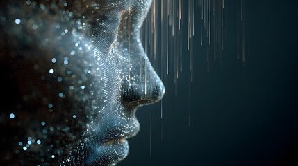 Holographic human head with code streams and light beams in an artificial intelligence theme