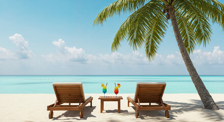 Close-up of colorful cocktails on wooden table between sun loungers under palm tree at tropical beach.

