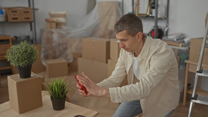 Man photographing plants with phone in living room filled with moving boxes and furniture,...