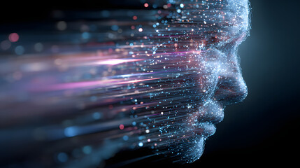 Holographic human head with code streams and light beams in an artificial intelligence theme