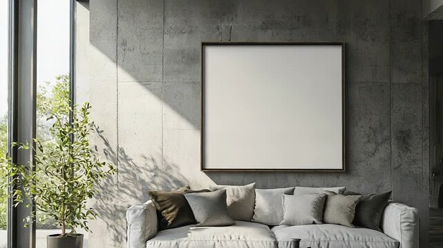 Modern living room interior with blank canvas on concrete wall