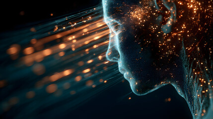 Holographic human head with code streams and light beams in an artificial intelligence theme