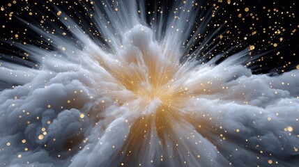 A dynamic explosion of clouds and light creates a captivating visual effect, simulating an ethereal burst in space.