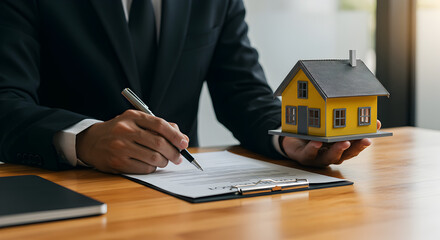 Real Estate Agent Signing Contract, Holding Miniature House