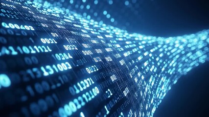 Abstract digital data stream flowing in a rippling pattern. Blue glowing binary code fills the image - Powered by Adobe