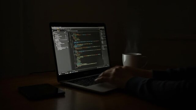 A person coding on a laptop in a dimly lit room with a steaming cup of coffee nearby
