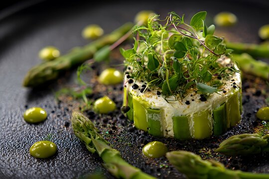 Elegant fine dining plate featuring asparagus, microgreens, and creamy cheese, perfect for gourmet restaurant menus