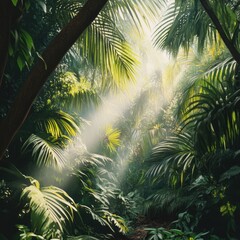 Naklejka premium Golden tropical sun illuminates the fronds of a palm tree on a summer beach