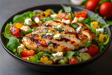 Grilled chicken salad with feta cheese.