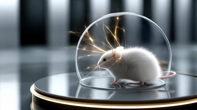 White mouse in a glass dome, glowing energy lines