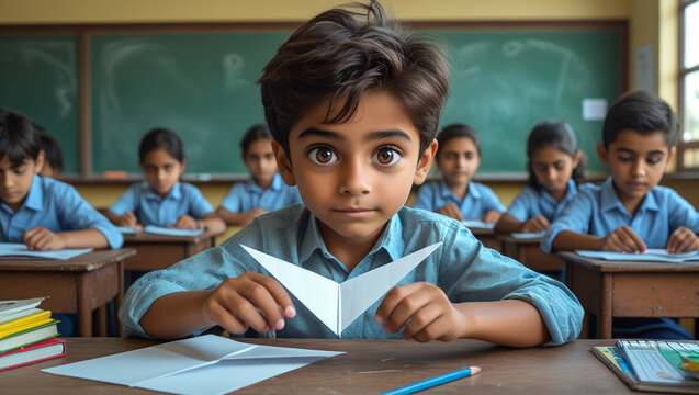 A young boy in a classroom holding a paper airplane with other students in the background at their desks
