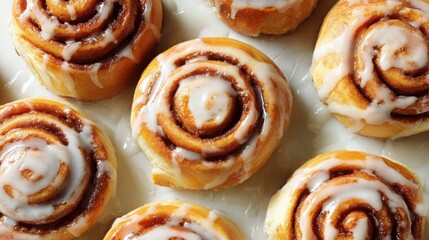 Cinnamon rolls in neat spiral formation with maple glaze, photographed top-down on white.