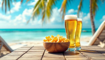 Close-up of cold beers and chips on wooden table by beach loungers at turquoise shore.