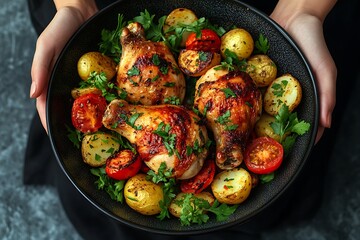 Woman holding roasted chicken and potatoes.