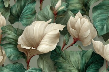 Intricate floral pattern featuring leaves and blossoms in soft hues created by an artist inspired by nature's beauty