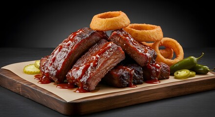Delicious BBQ Ribs with Onion Rings and Jalape?os on a Wooden Board