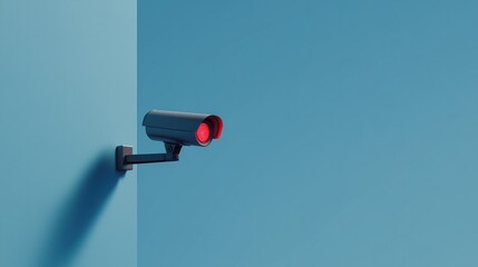 Infrared Security Camera with Red Glowing Lens &ndash; Minimalistic Clean Blue Wall Background with Copy Space