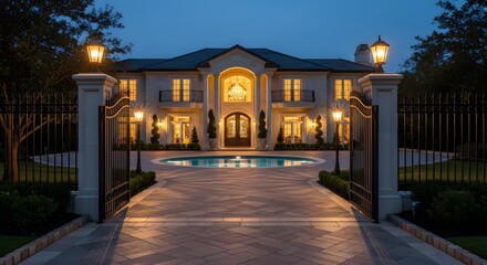 Elegant Mansion with Lit Columns and Gate at Twilight