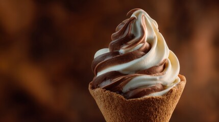 Macro Close-Up of Chocolate and Vanilla Swirled Soft Serve Ice Cream in Cocoa Cone – Rich Textures and Frosty Details