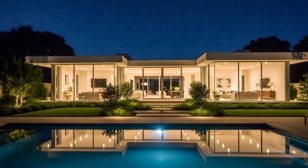 Modern Illuminated House with Pool Reflecting Starry Night Sky