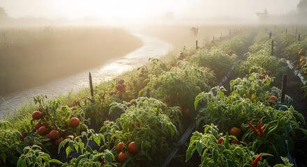 Frosty Tomato Field with Winding Stream in Morning Light