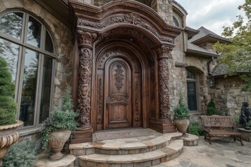 Fototapeta premium Intricately carved wooden door of a luxurious stone house surrounded by greenery in a peaceful neighborhood