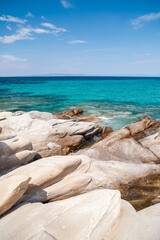 Beautiful landscape with rocky shore of the beach on the Mediterranean Sea in Greece, Travel concept.