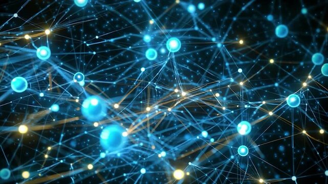 Abstract network of glowing blue and gold interconnected points and lines on a dark background