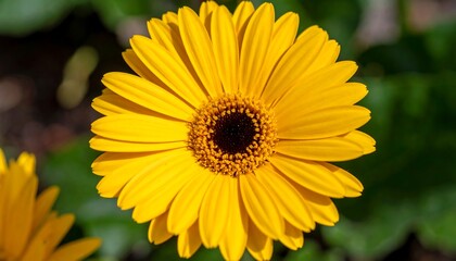 Obraz premium Vibrant yellow gerbera daisy in full bloom with dark center detail close-up