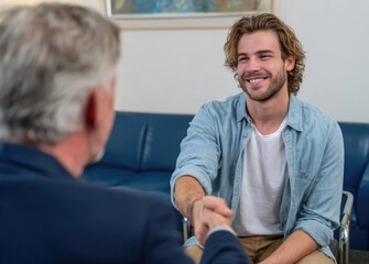 Obraz premium Modern Office Setting Young Professional and Boss Engage in Close-Up Networking Handshake