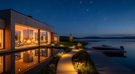 Modern Wooden House on Lake at Night with Starry Sky
