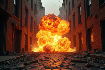 Abandoned city and rusted building burned in a flaming fire, concept of war and destroyed city