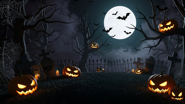 Halloween spooky night background with pumpkins bats moon and graveyard halloween scene image