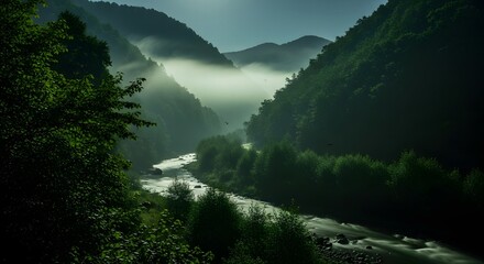 River flowing through lush green mountain valley with serene mist