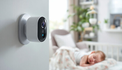 Soft white baby room with modern baby monitor, peaceful sleeping infant, and cozy decor.
