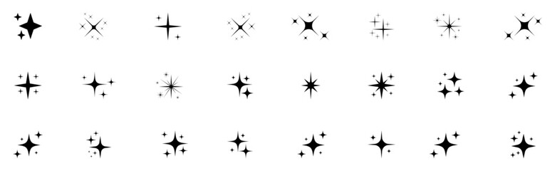 Collection of sparkle star icons and doodle shine elements. Magical twinkle, glitter, and glowing star symbols perfect for decorations, patterns, backgrounds, and vector designs.
