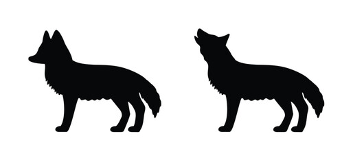 Cartoon black wolf, fox in nature reserve, wooded nature reserves. Animals icon. The wolf howls or howling. Silhouette of a wolfs. They like to hunt and kill sheep. Territory ar in the forest. 