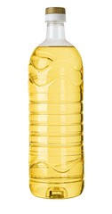 Vegetable oil in plastic bottle filling the entire frame, isolated on white background