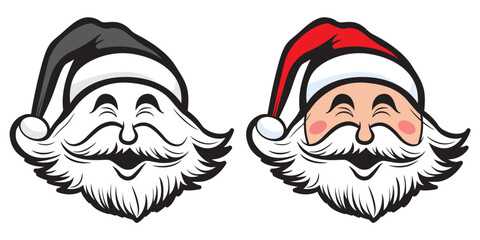 Happy Santa Claus head cartoon illustration. Front view Colored and outline. Cute Christmas card with Santa face portrait stencil colorless black and white outline. Santa Claus head icon. Line art