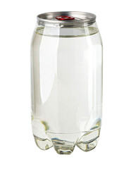 Transparent plastic bottle full of clear liquid on white background