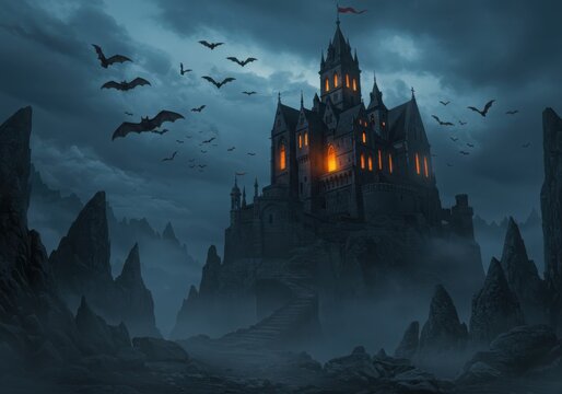 Gothic castle on a dark, stormy night with bats flying under a full moon and eerie glowing windows