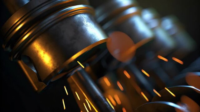 3D car engine footage with oil lubricant splash flow concept. Close-up view of engine components showcasing pistons and metallic surfaces.