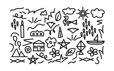 Collection of hand drawn nature and outdoor doodle icons.

