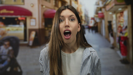 Young hispanic woman claps hands on busy city street with red awning and display windows outside shops; happiness.