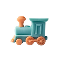 Pastel clay steam locomotive toy three-quarter view white isolate background