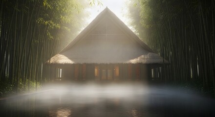 Thatched Cottage Surrounded by Green Bamboo Forest in Misty Landscape