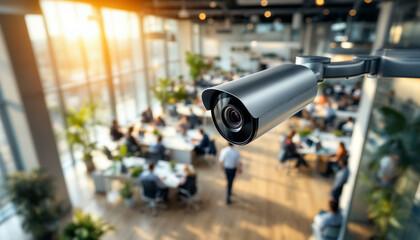 Close-up of modern security camera in high-rise office, vibrant workspace blurred behind.
