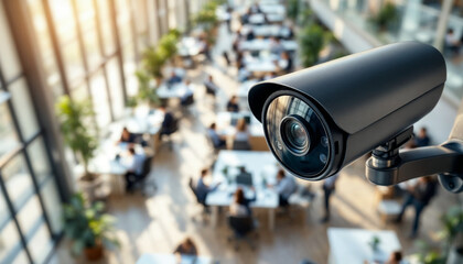 Close-up of modern security camera in high-rise office, vibrant workspace blurred behind.
