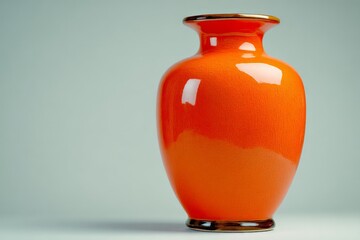 Bright orange ceramic vase displayed against a light background in a minimalist setup highlighting its unique shape and color