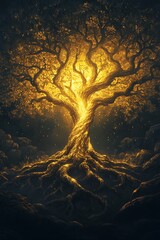 Glowing Golden Tree of Life at Night